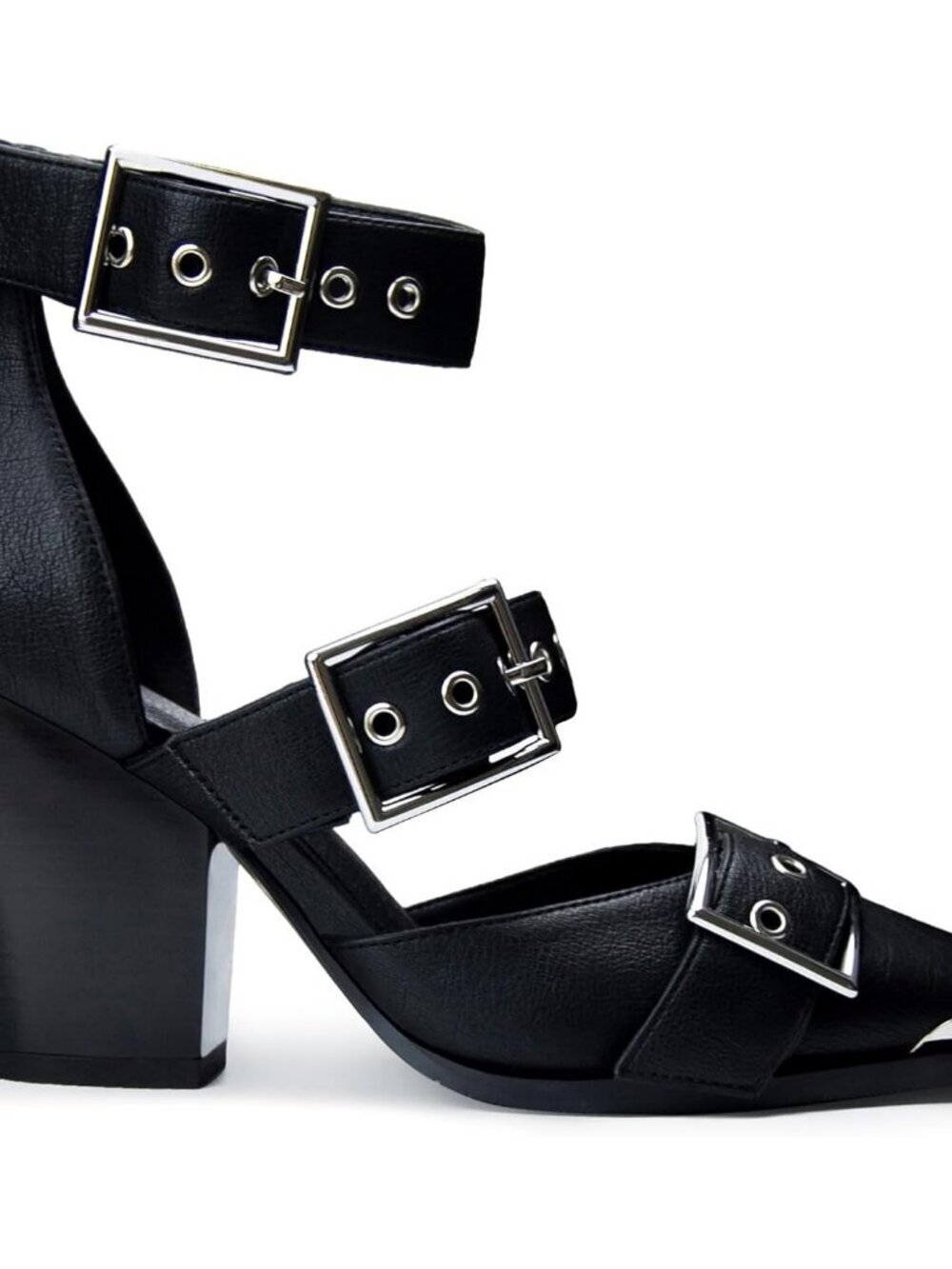 Women's Black Chunky Wedge Pointed Toe Ankle Strap Metal Buckle Pumps Heel